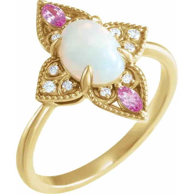 Natural Ethiopian Opal with Pink Sapphire and Diamond Vintage Ring