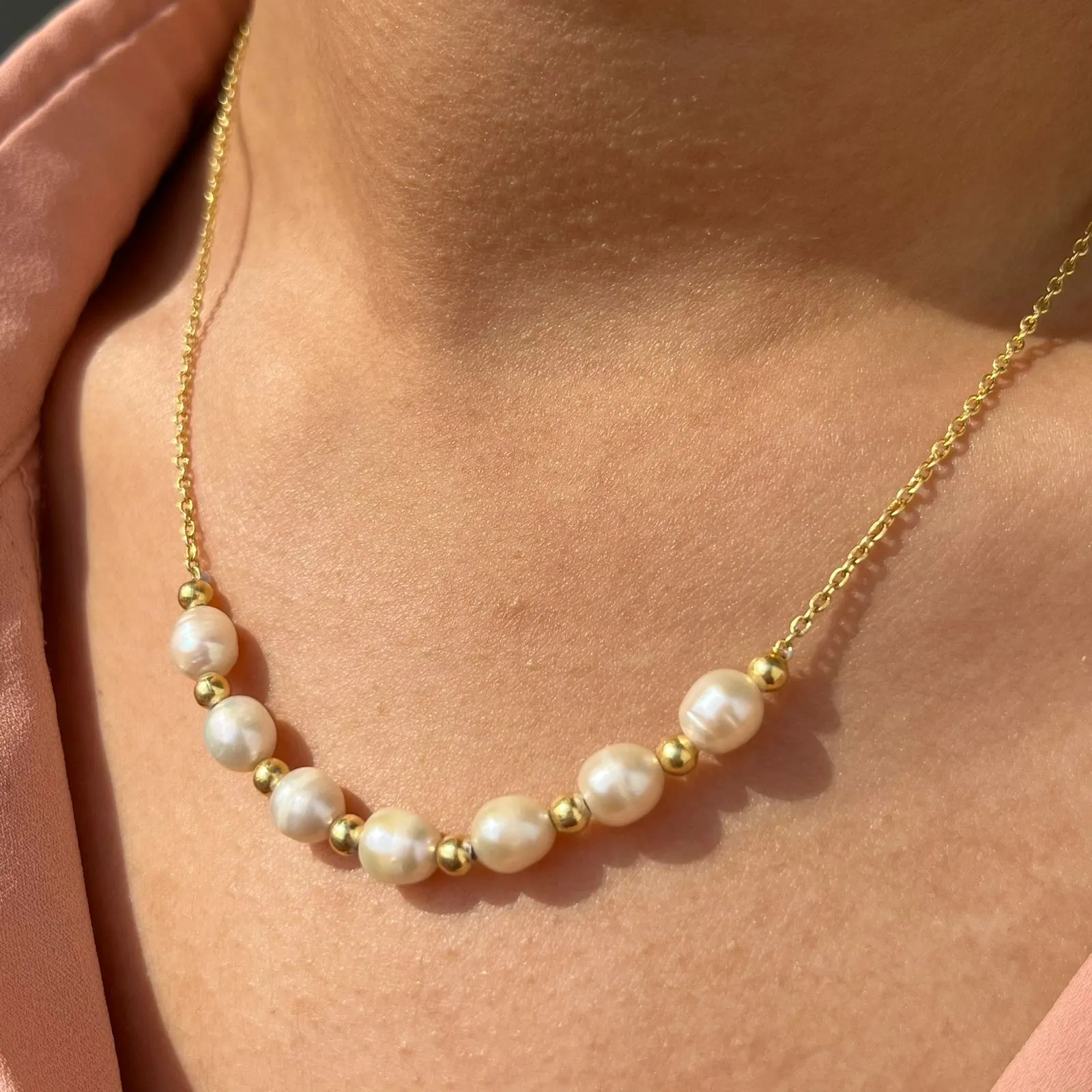 Natural Pearl  Silver Balls Necklace/ 18kt Gold Plated - From Purl