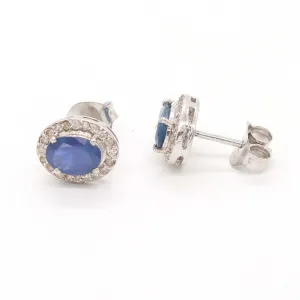 Natural Sapphire & Diamond Handmade 925 Sterling Silver Stud Earrings Jewelry, Oval Cut Sapphire Top quality Stud Earrings