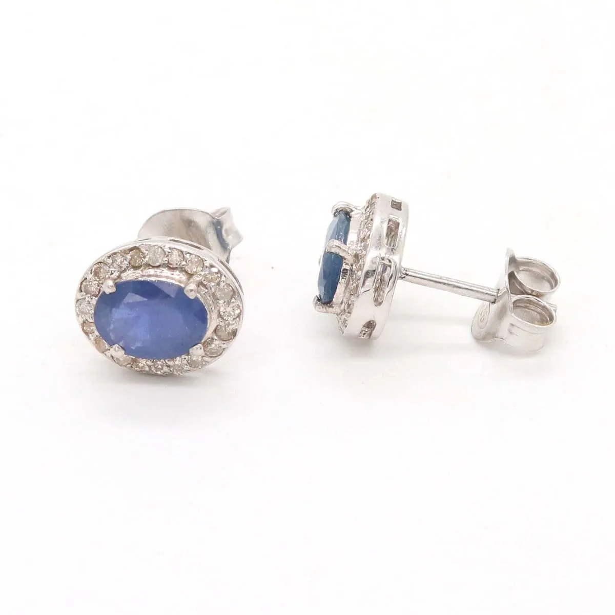 Natural Sapphire & Diamond Handmade 925 Sterling Silver Stud Earrings Jewelry, Oval Cut Sapphire Top quality Stud Earrings