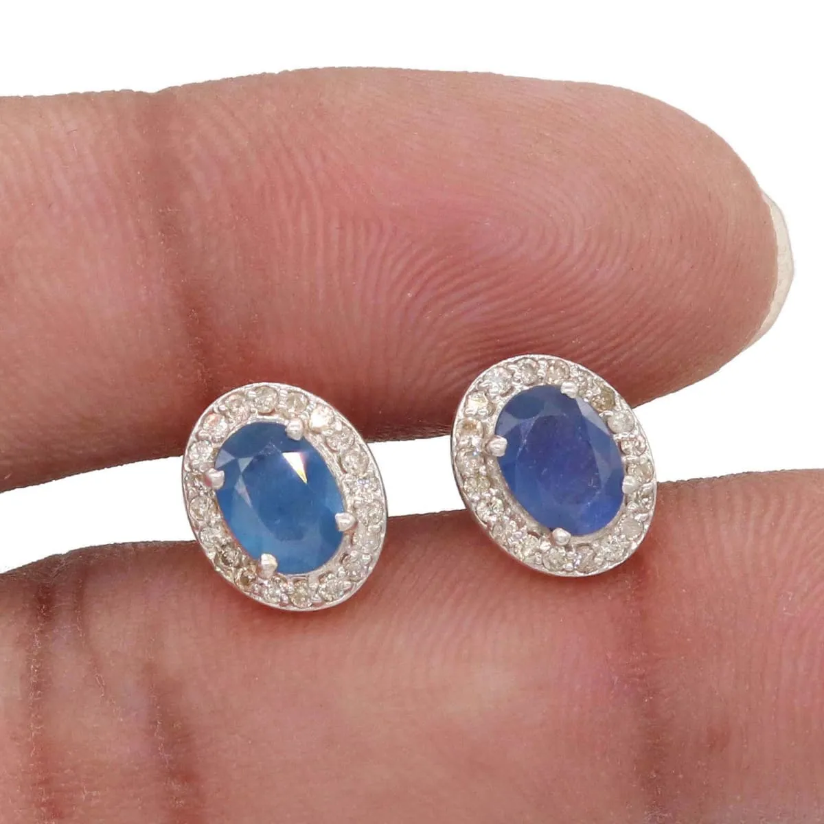 Natural Sapphire & Diamond Handmade 925 Sterling Silver Stud Earrings Jewelry, Oval Cut Sapphire Top quality Stud Earrings