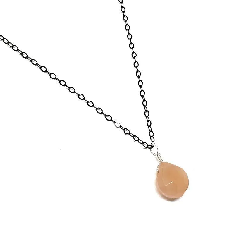 Necklace - Peach Moonstone Gemstone Oxidized Chain by Foamy Wader