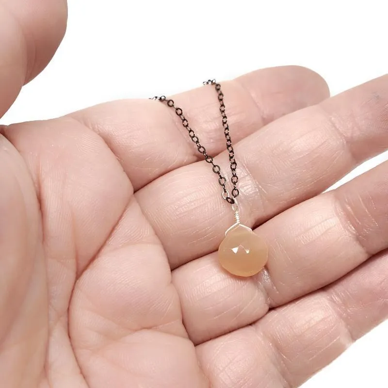 Necklace - Peach Moonstone Gemstone Oxidized Chain by Foamy Wader