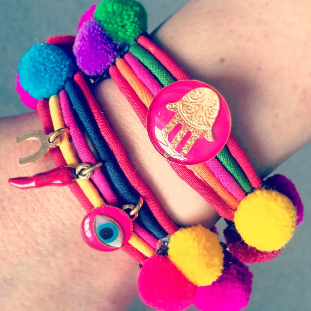 Neon Hamsa Hand Lucky Charm Pompom Bracelet