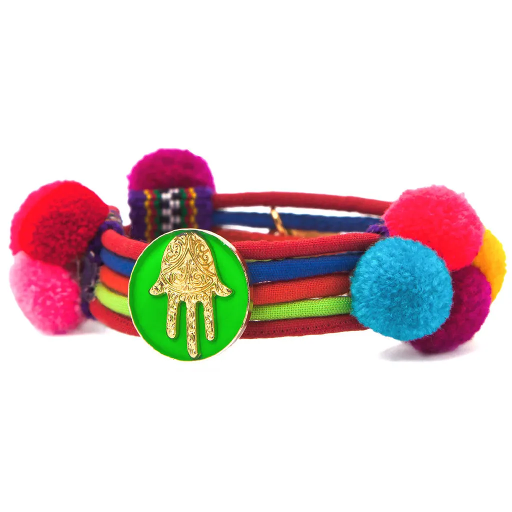 Neon Hamsa Hand Lucky Charm Pompom Bracelet