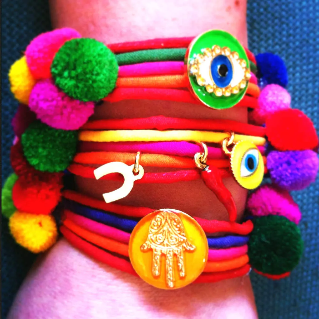 Neon Hamsa Hand Lucky Charm Pompom Bracelet