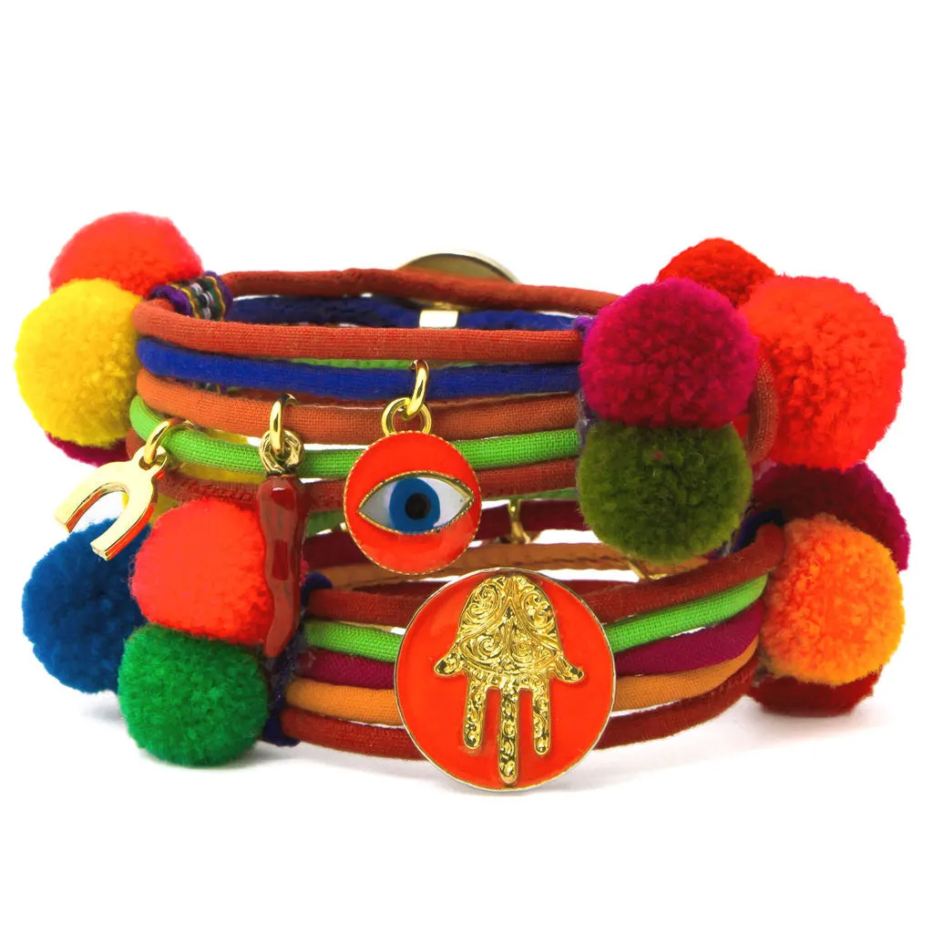 Neon Hamsa Hand Lucky Charm Pompom Bracelet