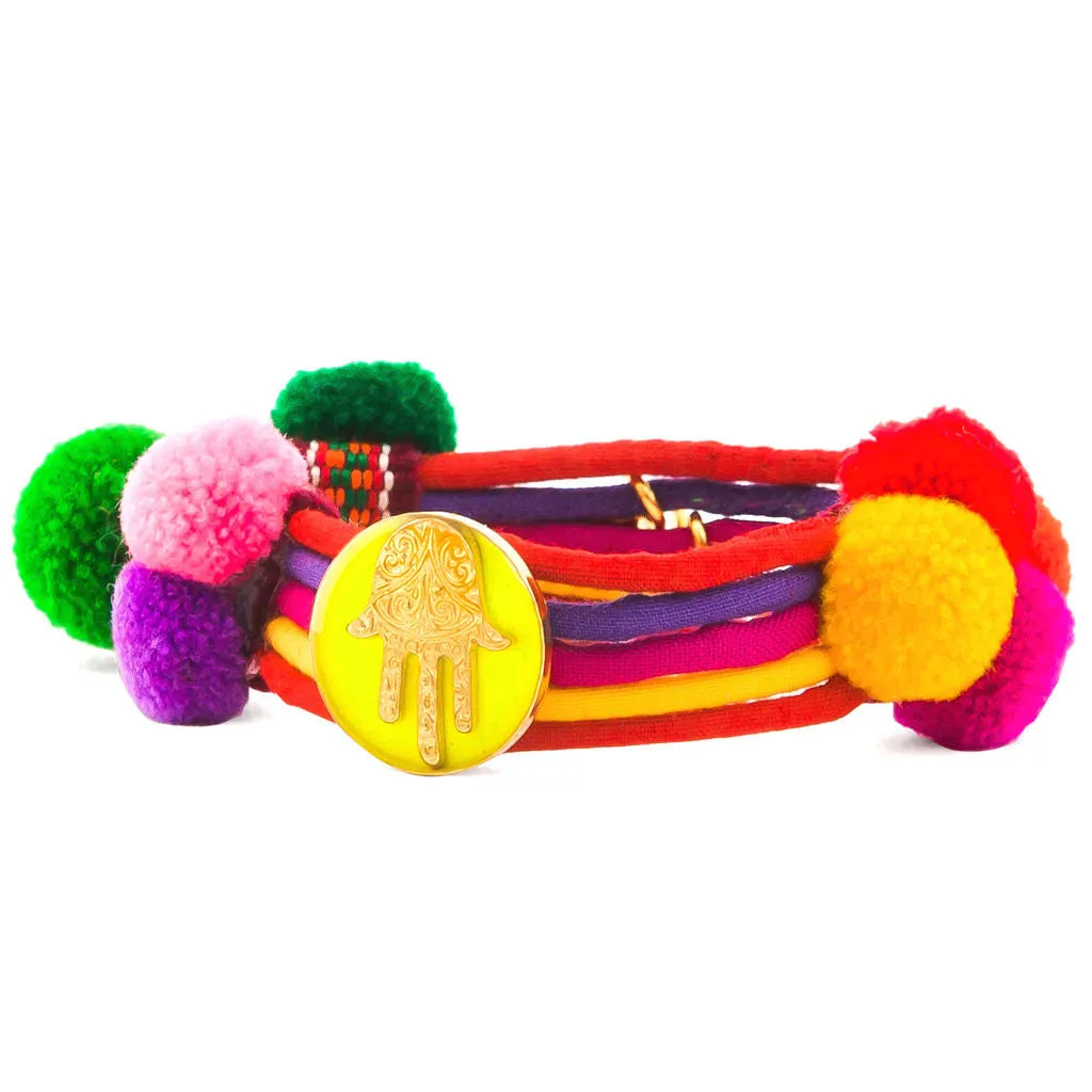 Neon Hamsa Hand Lucky Charm Pompom Bracelet