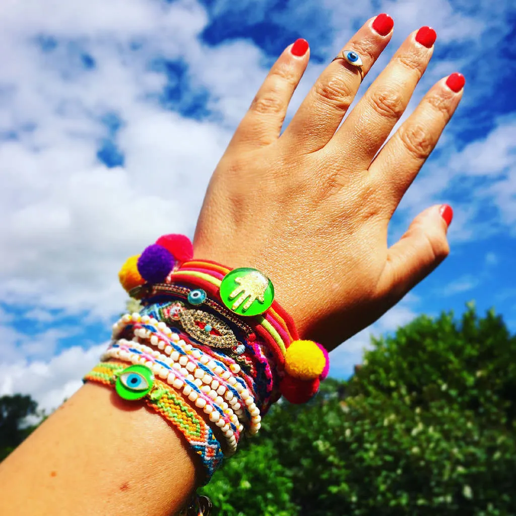 Neon Hamsa Hand Lucky Charm Pompom Bracelet