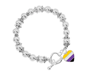 Non-Binary Heart Flag Silver Beaded Bracelets