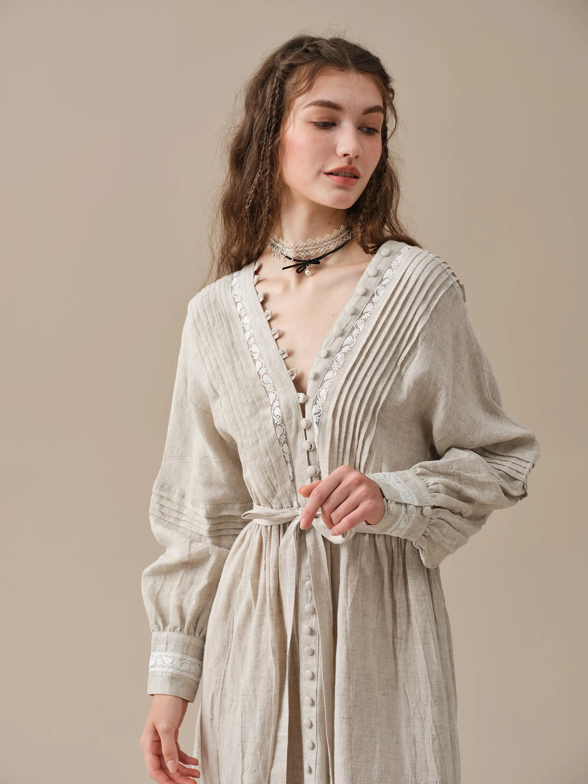 Octavia 17 | pintucked V-neck linen Dress