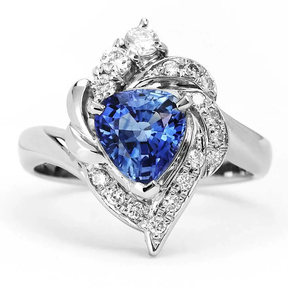 Oritsu Blue Triangular Step Cut Natural Sapphire with Diamonds in Platinum