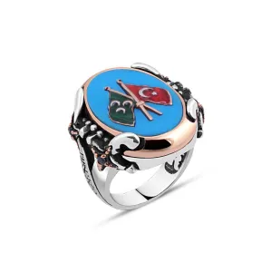 Ottoman And Turkish Flag on Ellipse Turquoise Stone Silver Men's Ring Siding Double Sword