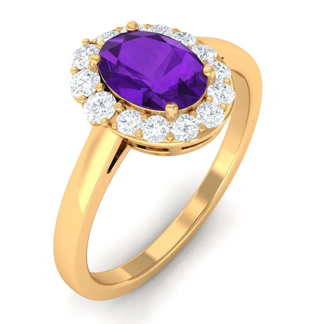 Oval Shape Amethyst and Diamond Classic Halo Engagement Ring