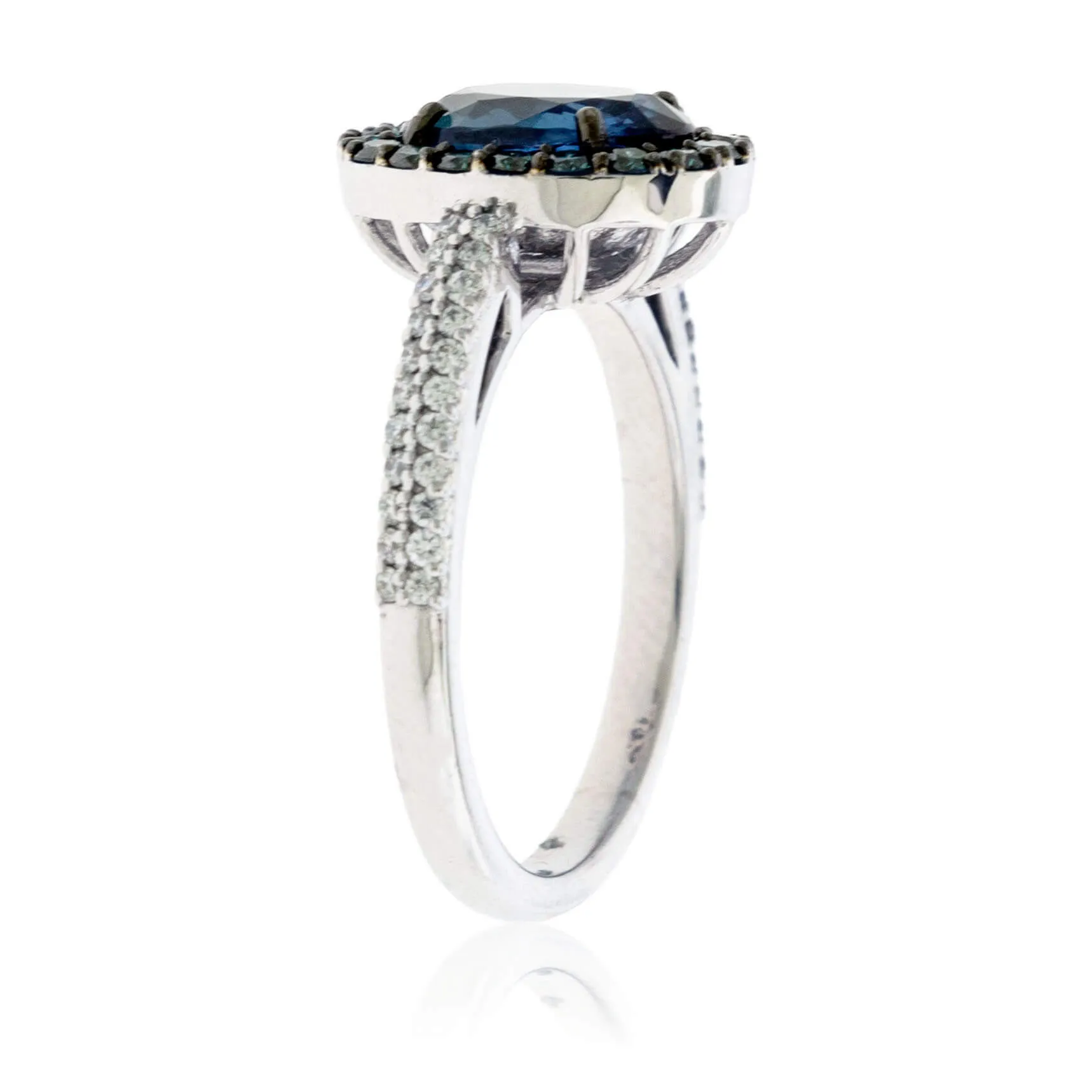 Peacock Blue-Green Sapphire & Blue Diamond Halo Ring