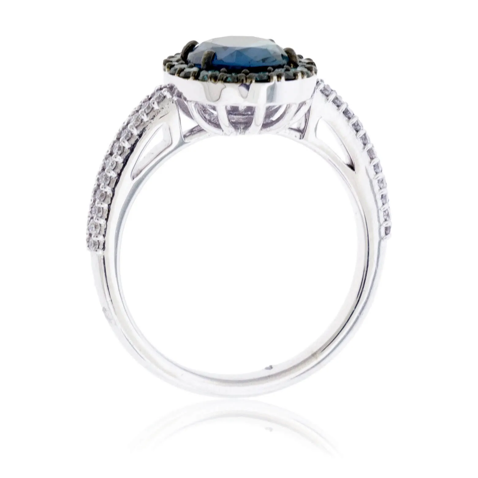 Peacock Blue-Green Sapphire & Blue Diamond Halo Ring