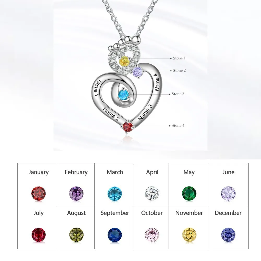 Personalized 4 Names Baby Feet Zircon Heart-Shaped Pendant