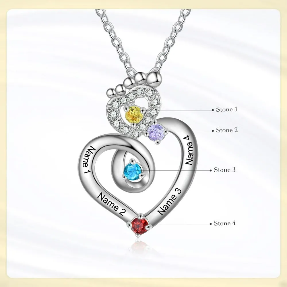 Personalized 4 Names Baby Feet Zircon Heart-Shaped Pendant