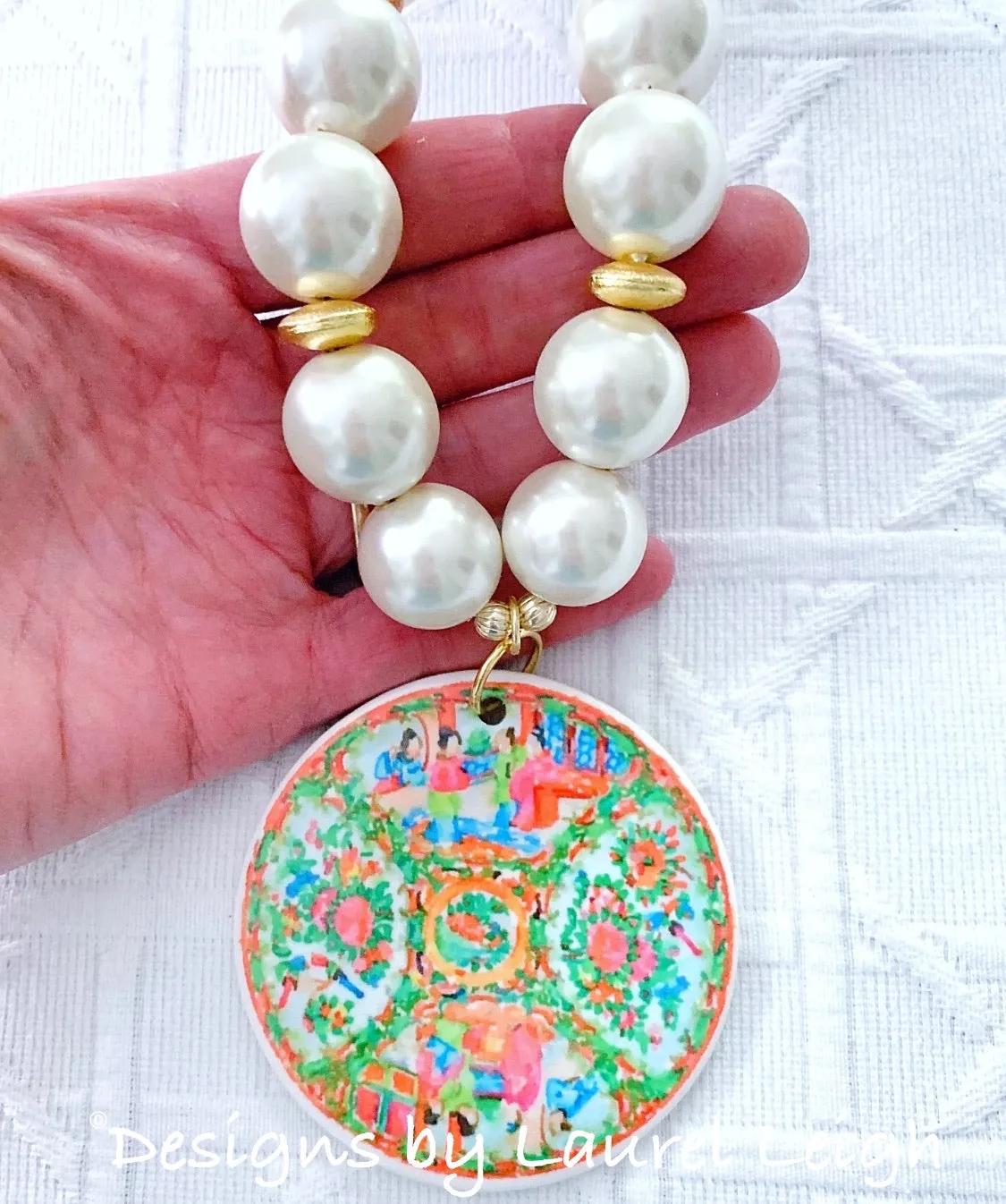 Rose Medallion Chinoiserie Pendant Necklace - Chunky Pearls