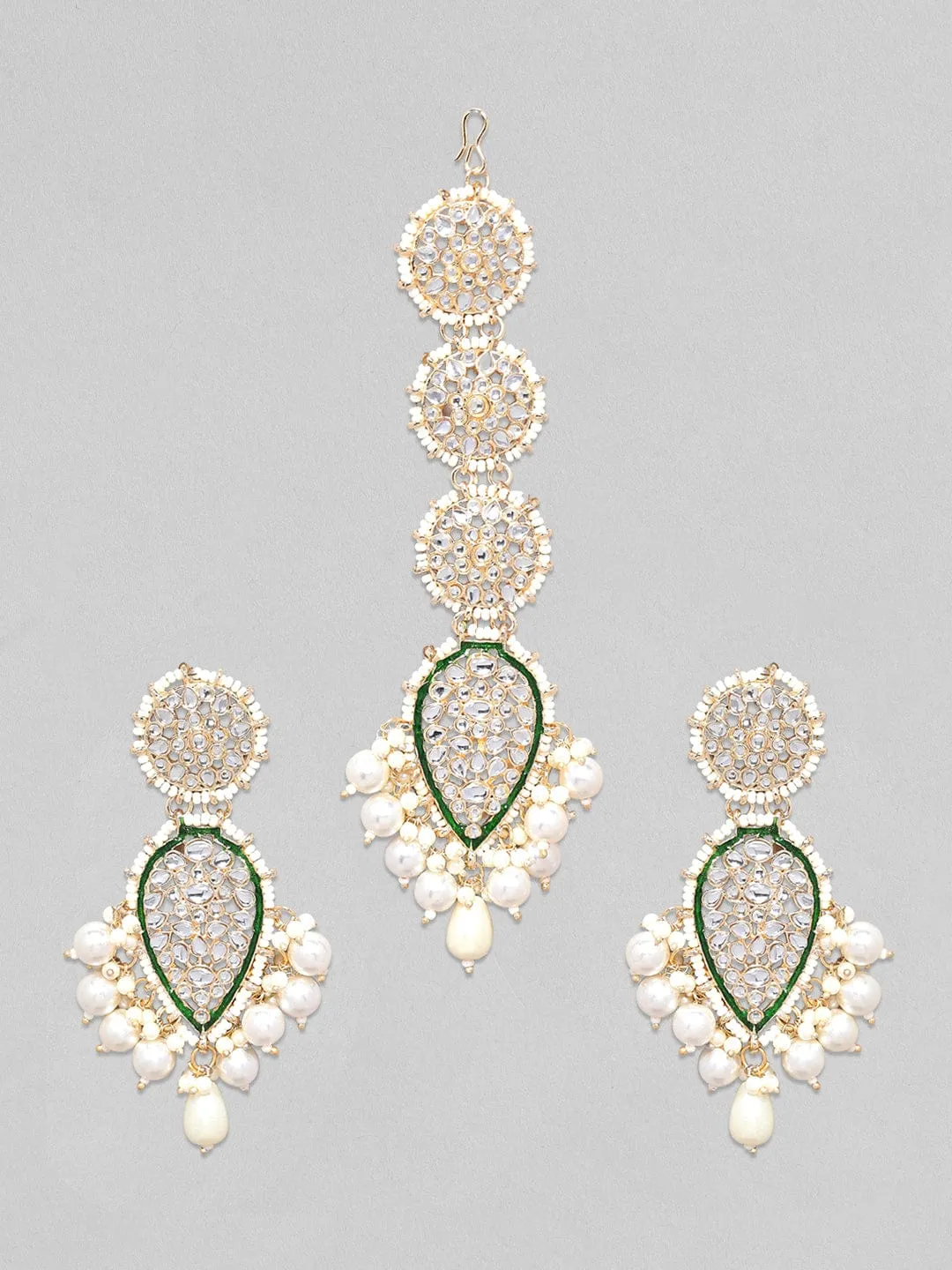 Rubans Kundan And Green Enameled Maangtikka and Earrings Set