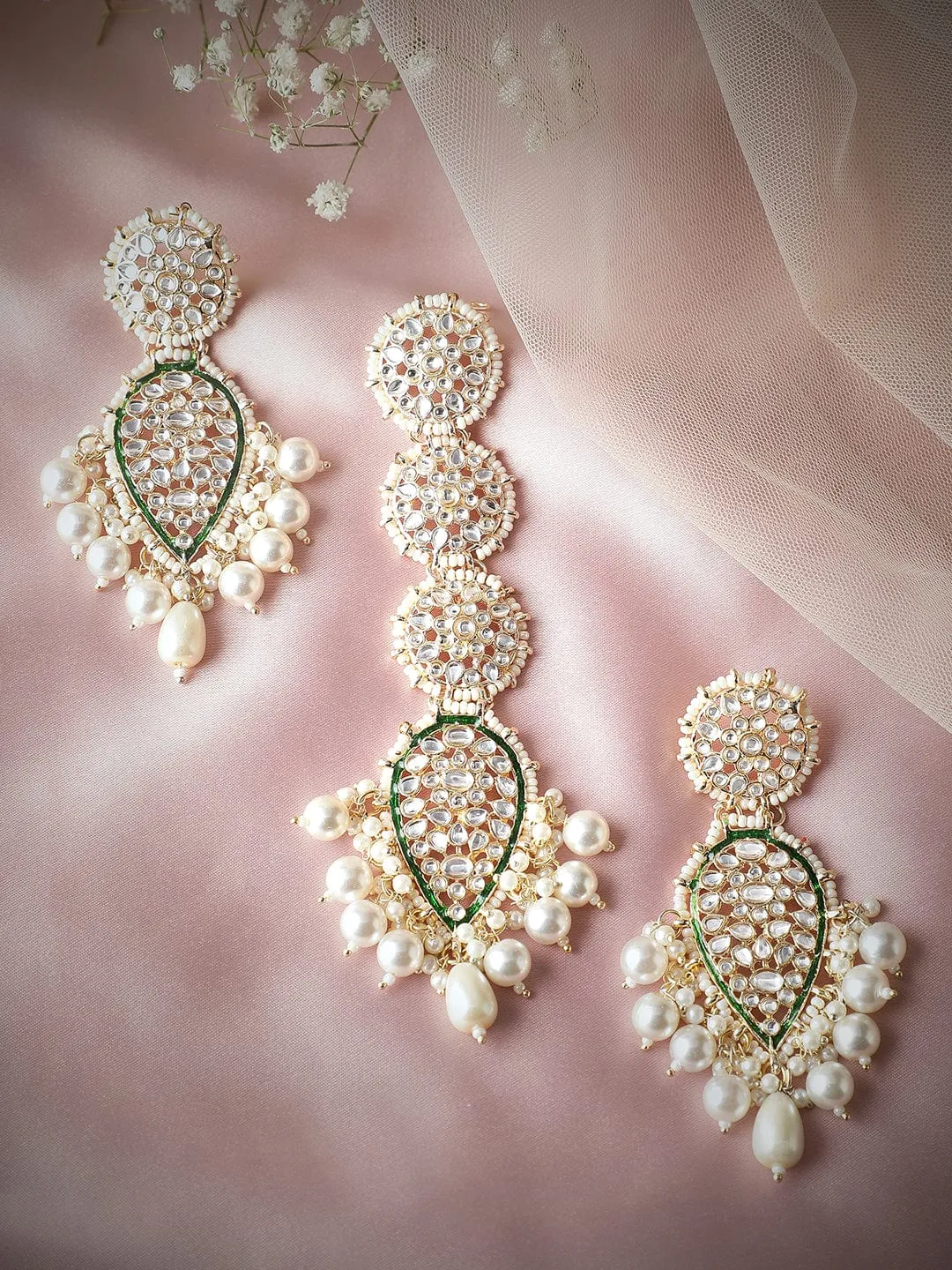 Rubans Kundan And Green Enameled Maangtikka and Earrings Set