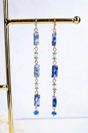 SALE! Blue Marbled Block Beaded Drop Earrings