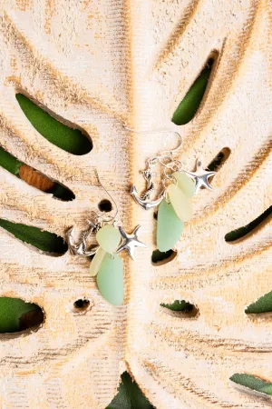 SALE! Silvertone Green Sea Glass Beach Anchor Earrings