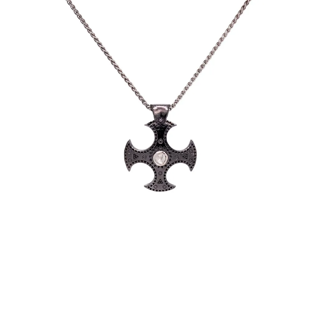 Silver and Black Rhodium Raw Diamond Shield Cross