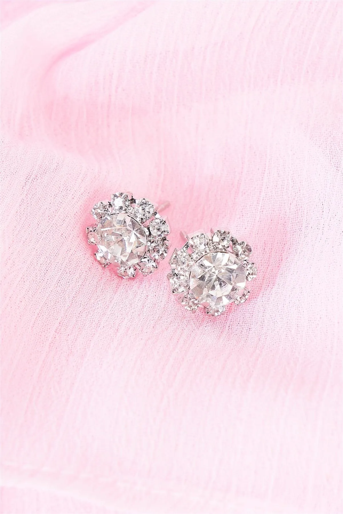 Silver Diamond Incrusted Carnation Stud Earrings /3 Pairs