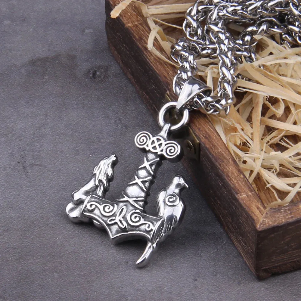 Stainless Steel Raven and Wolf Viking Mjolnir Necklace