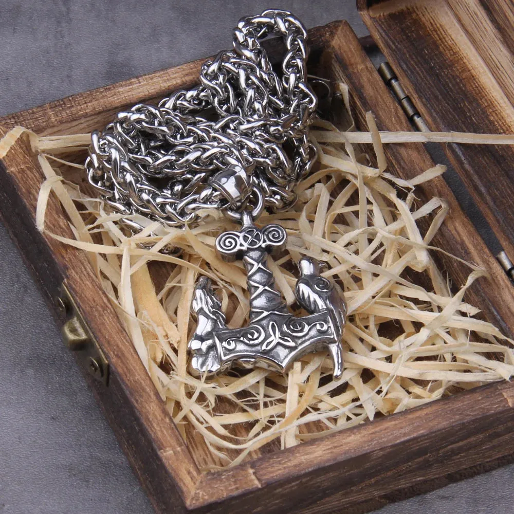 Stainless Steel Raven and Wolf Viking Mjolnir Necklace