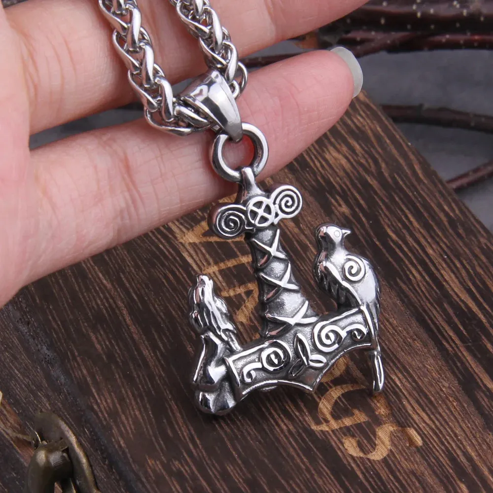 Stainless Steel Raven and Wolf Viking Mjolnir Necklace