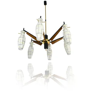 Stilnovo 1958 Italian Black Yellow White Glass 6-Light Teak & Brass Chandelier