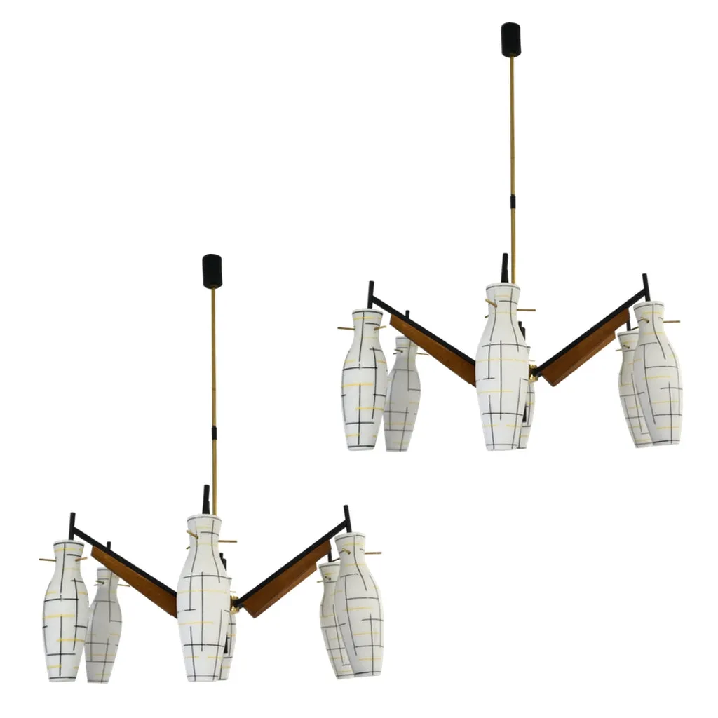 Stilnovo 1958 Italian Black Yellow White Glass 6-Light Teak & Brass Chandelier