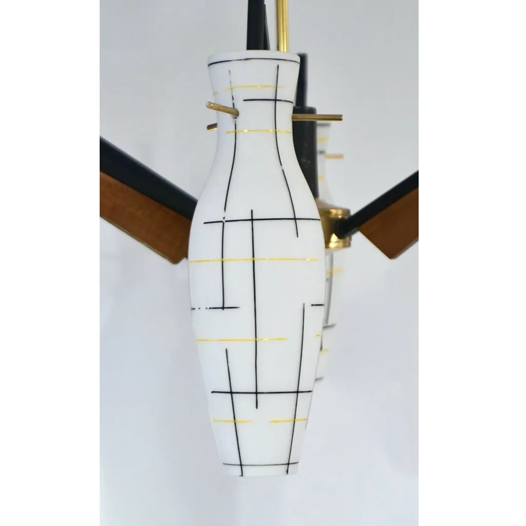 Stilnovo 1958 Italian Black Yellow White Glass 6-Light Teak & Brass Chandelier