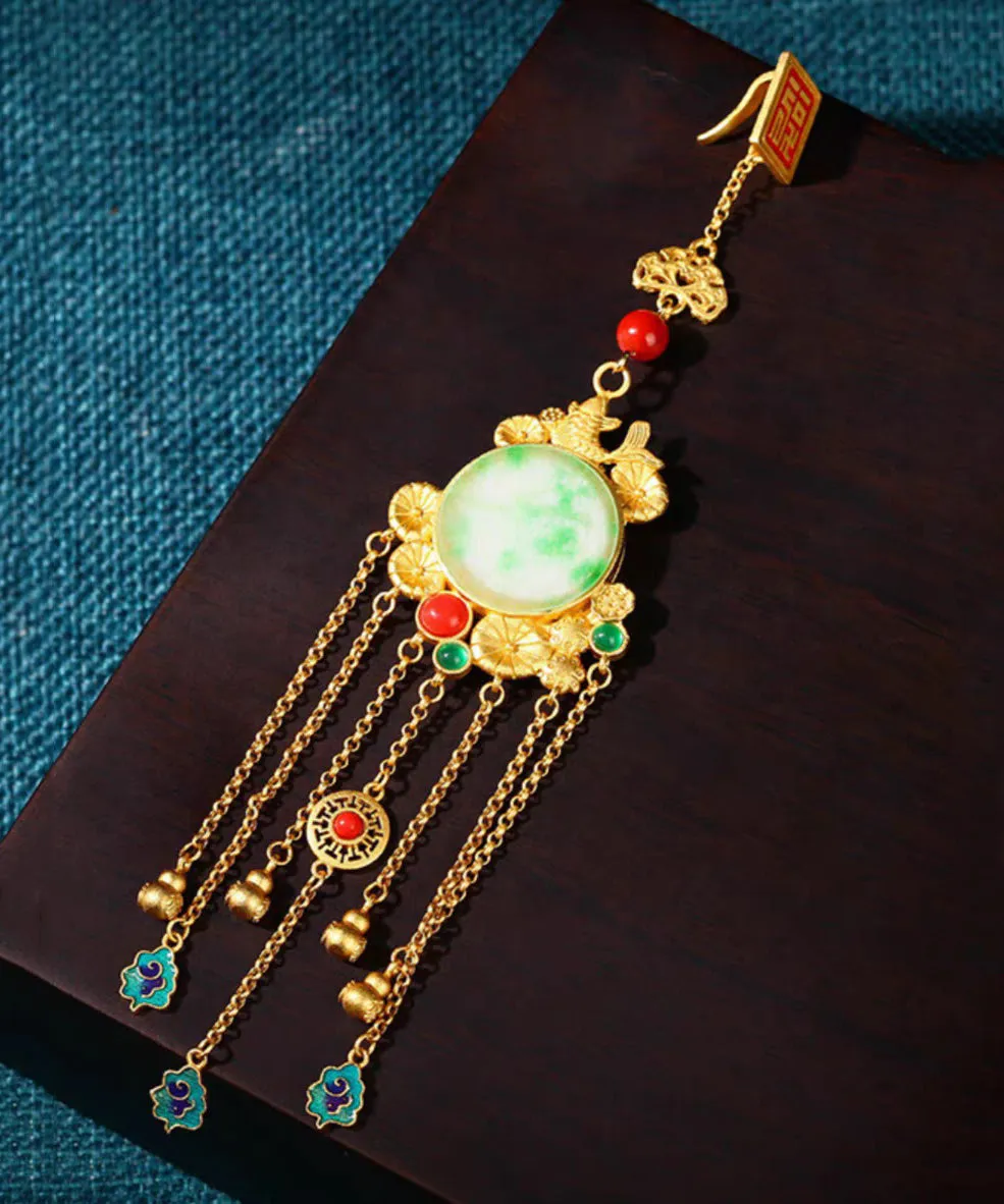 Stylish Gold Ancient Gold Auspicious Clouds Enamel Agate Tassel Brooches KX1075