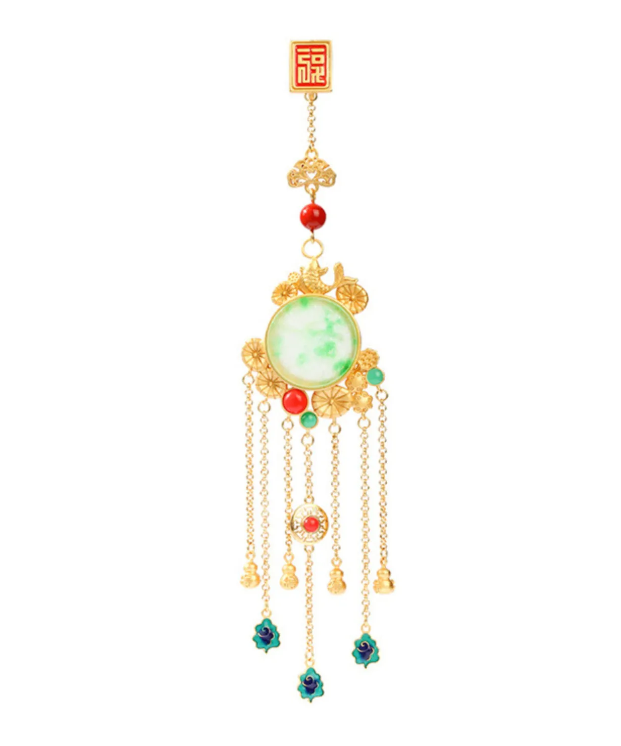 Stylish Gold Ancient Gold Auspicious Clouds Enamel Agate Tassel Brooches KX1075