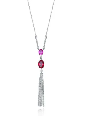 Tassel Fringe Lariat Necklace 925 Sterling Silver Oval Pink and Red Ruby Zircon Statement Luxury Necklace