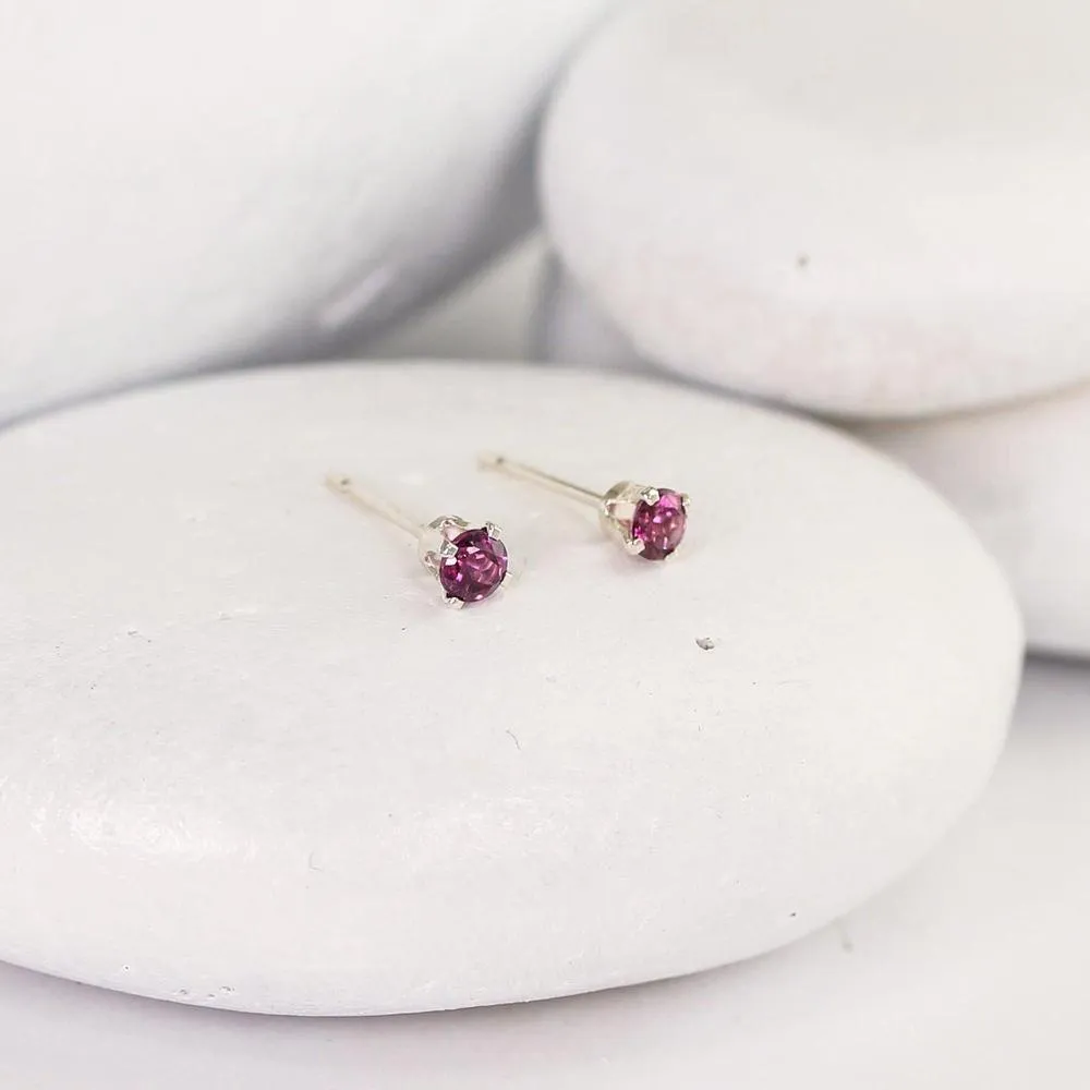 Tiny Silver Rhodolite Garnet Studs