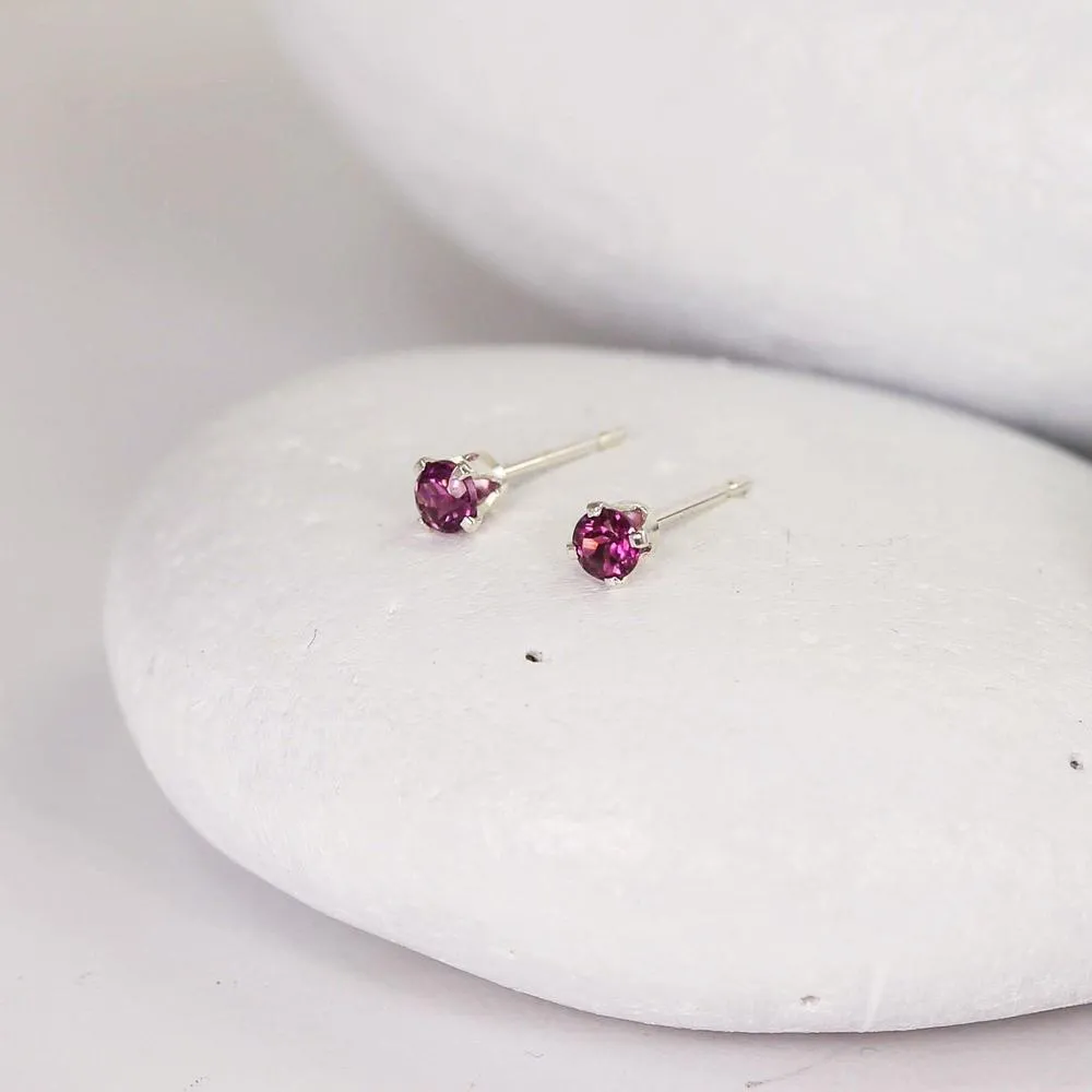 Tiny Silver Rhodolite Garnet Studs