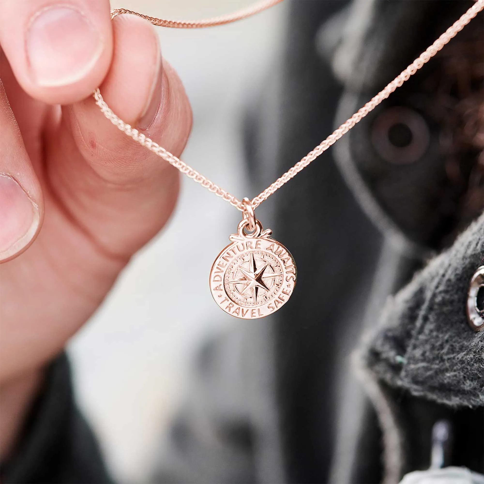 Travel Safe Compass Personalised Solid Rose Gold Necklace