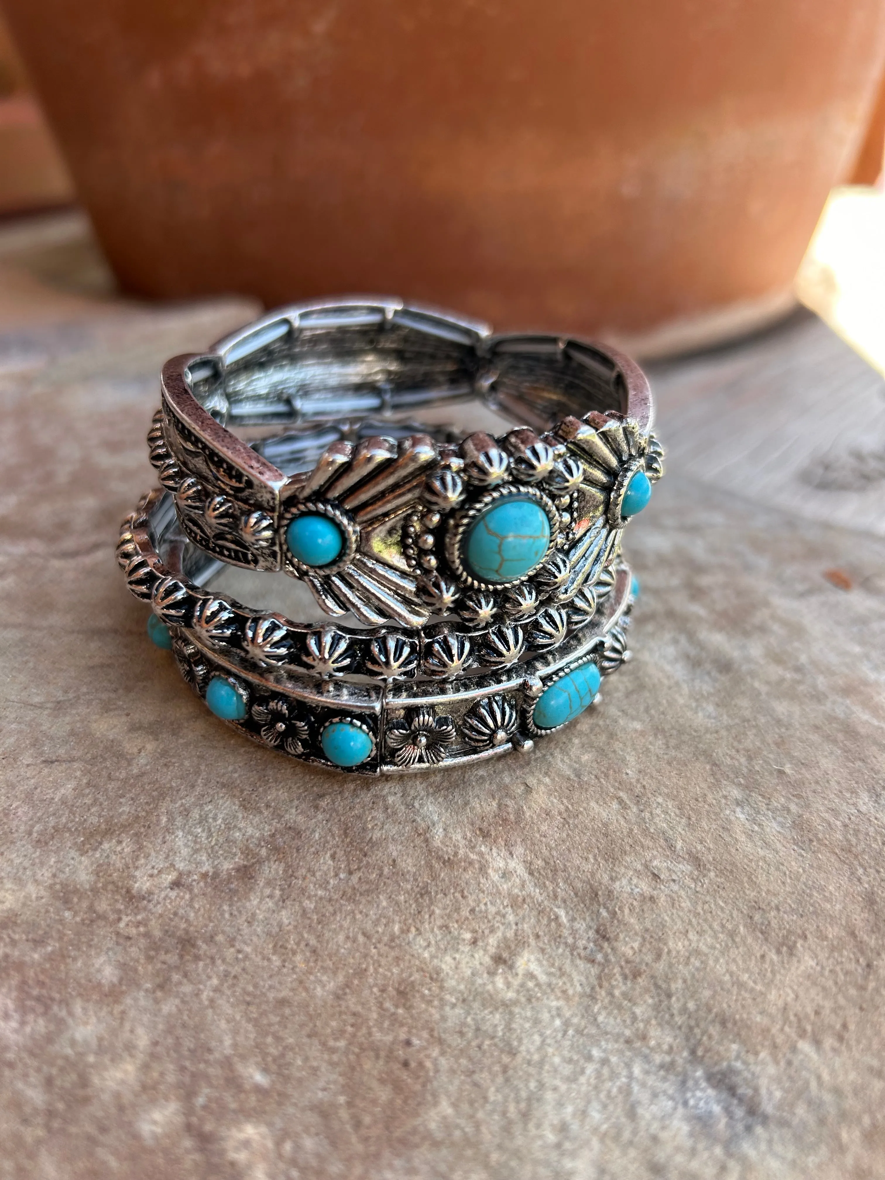 Turquoise Silver tone Stone Triple Layer Bracelet