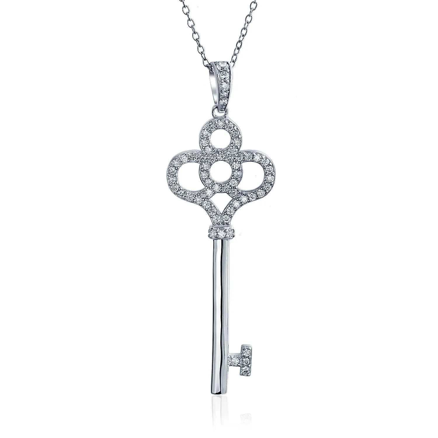 Victorian Style Crown Key Pendant Necklace with CZ in 14K Gold Plated Silver