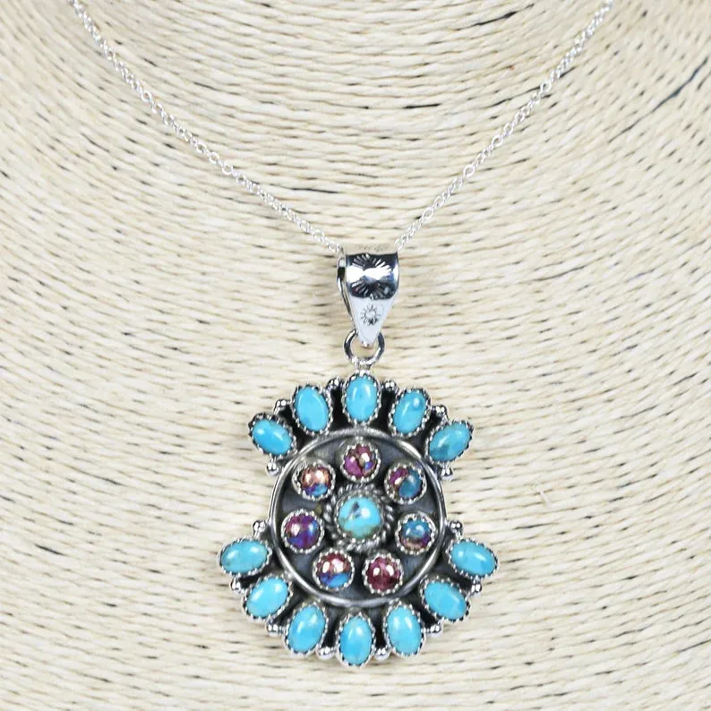 Vintage Pink Copper Turquoise & Mohave Turquoise 925 Sterling Silver Pendant