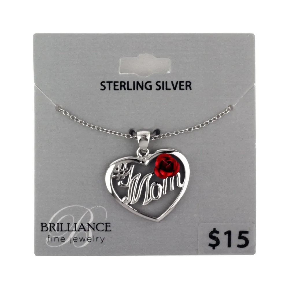 Women's #1 Mom Heart Necklace in Sterling Silver